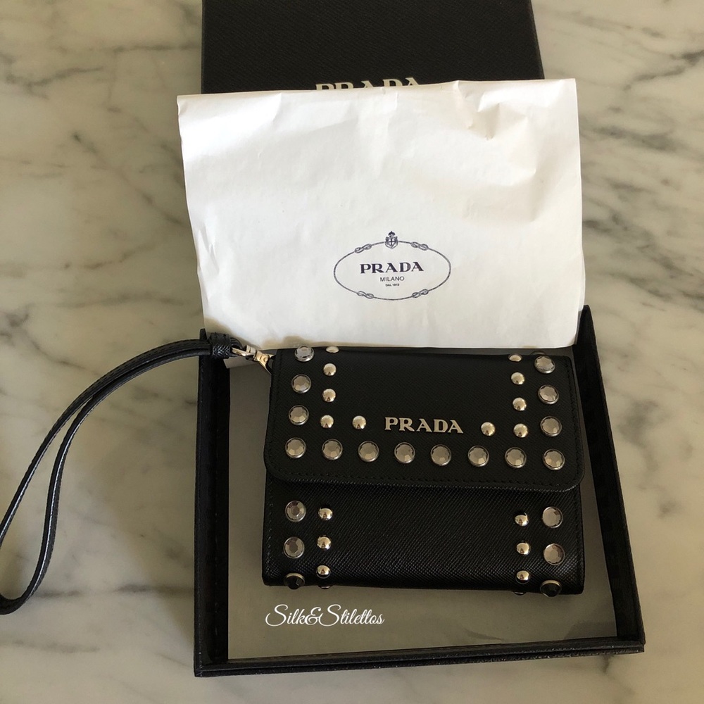 Prada Saffiano Wristlet Black Bag Crystals NEW